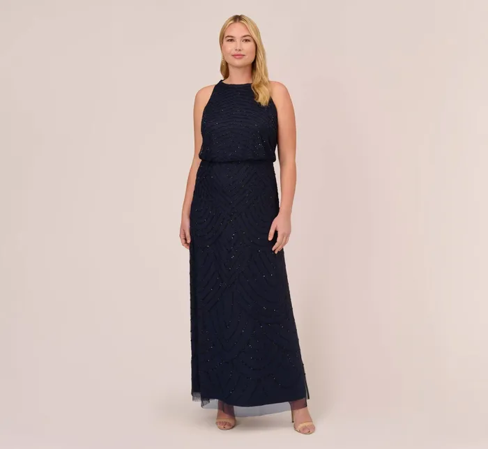 Adrianna Papell Plus Size Art Deco Beaded Blouson Dress With Halter Neckline In Navy Black NavyBlack Women Formal Dresses Adrianna Papell Plus Size Art Deco Beaded Blouson Dress With Halter Neckline In Navy Black NavyBlack Women Formal Dresses