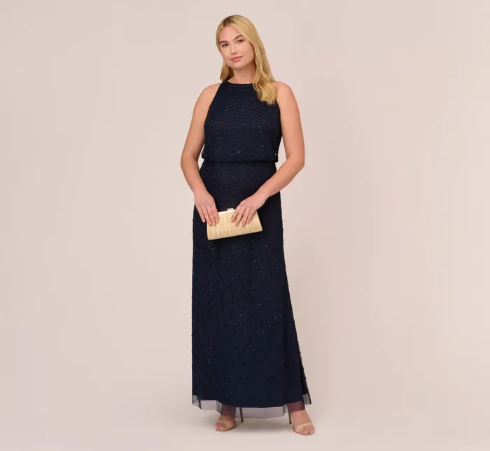 Adrianna Papell Plus Size Art Deco Beaded Blouson Dress With Halter Neckline In Navy Black NavyBlack Women Formal Dresses Adrianna Papell Plus Size Art Deco Beaded Blouson Dress With Halter Neckline In Navy Black NavyBlack Women Formal Dresses