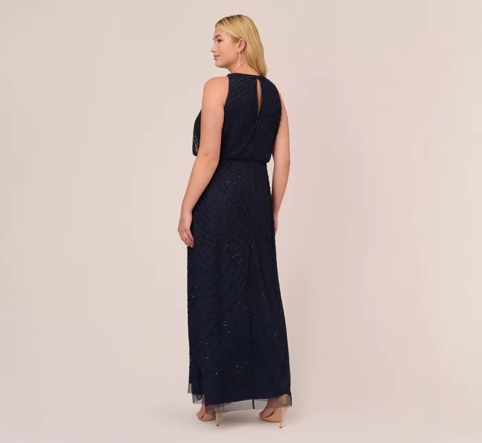 Adrianna Papell Plus Size Art Deco Beaded Blouson Dress With Halter Neckline In Navy Black NavyBlack Women Formal Dresses Adrianna Papell Plus Size Art Deco Beaded Blouson Dress With Halter Neckline In Navy Black NavyBlack Women Formal Dresses