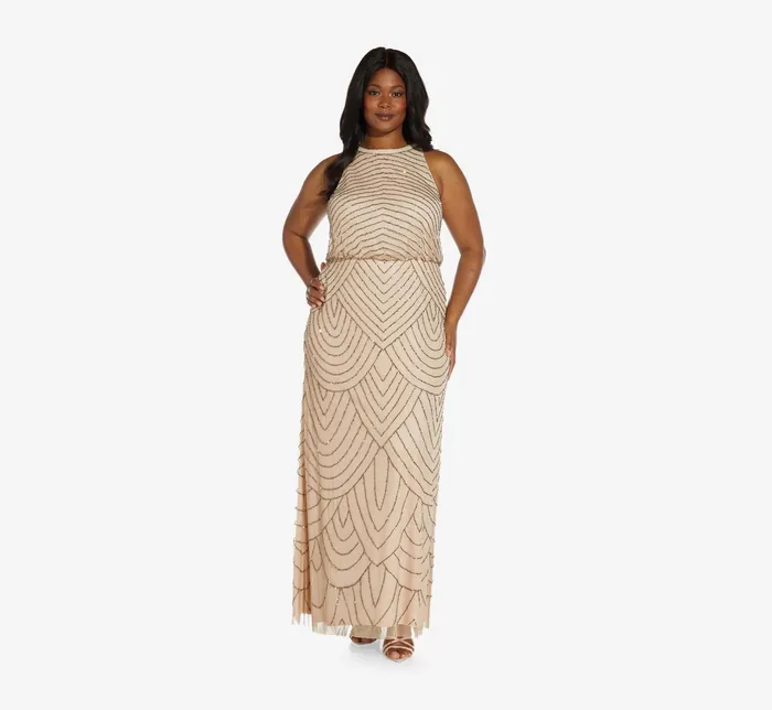 Adrianna Papell Plus Size Art Deco Beaded Blouson Dress With Halter Neckline In Nude Nude Women Plus Size Adrianna Papell Plus Size Art Deco Beaded Blouson Dress With Halter Neckline In Nude Nude Women Plus Size