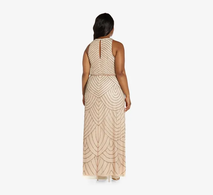 Adrianna Papell Plus Size Art Deco Beaded Blouson Dress With Halter Neckline In Nude Nude Women Plus Size Adrianna Papell Plus Size Art Deco Beaded Blouson Dress With Halter Neckline In Nude Nude Women Plus Size