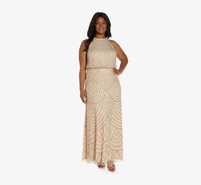 Adrianna Papell Plus Size Art Deco Beaded Blouson Dress With Halter Neckline In Nude Nude Women Plus Size Adrianna Papell Plus Size Art Deco Beaded Blouson Dress With Halter Neckline In Nude Nude Women Plus Size