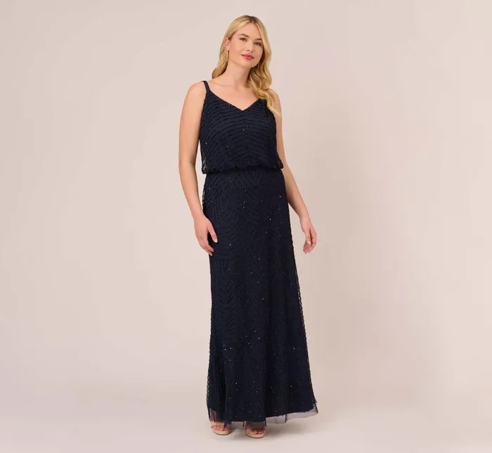 Adrianna Papell Plus Size Art Deco Beaded Blouson Gown In Navy Black NavyBlack Women Formal Dresses Adrianna Papell Plus Size Art Deco Beaded Blouson Gown In Navy Black NavyBlack Women Formal Dresses