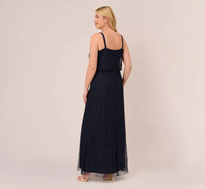 Adrianna Papell Plus Size Art Deco Beaded Blouson Gown In Navy Black NavyBlack Women Formal Dresses Adrianna Papell Plus Size Art Deco Beaded Blouson Gown In Navy Black NavyBlack Women Formal Dresses