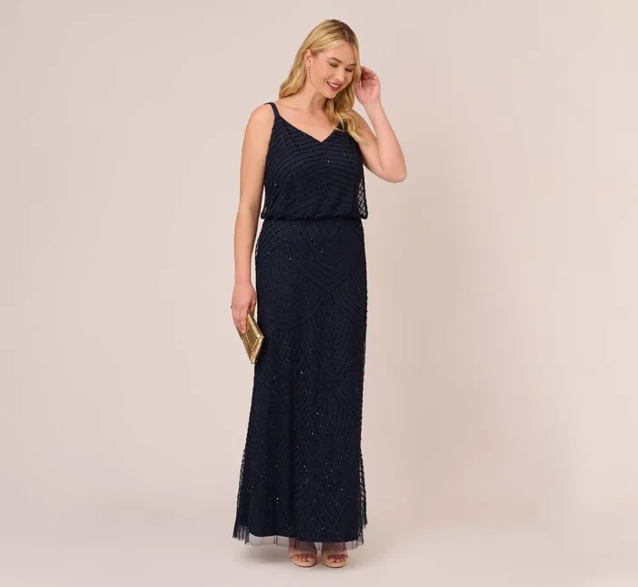 Adrianna Papell Plus Size Art Deco Beaded Blouson Gown In Navy Black NavyBlack Women Formal Dresses Adrianna Papell Plus Size Art Deco Beaded Blouson Gown In Navy Black NavyBlack Women Formal Dresses