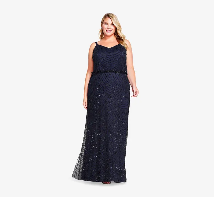 Adrianna Papell Plus Size Art Deco Beaded Blouson Gown In Navy Black NavyBlack Women Formal Dresses Adrianna Papell Plus Size Art Deco Beaded Blouson Gown In Navy Black NavyBlack Women Formal Dresses