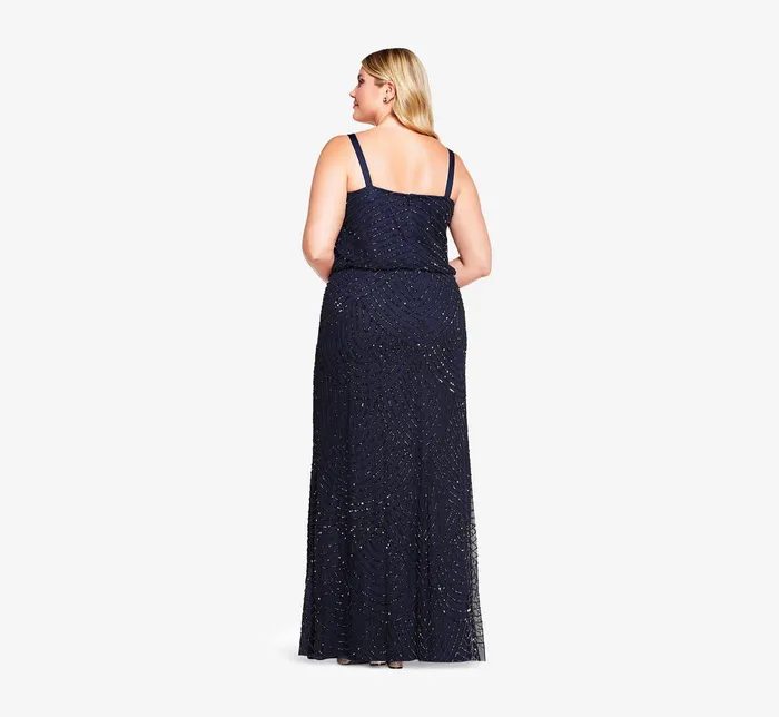 Adrianna Papell Plus Size Art Deco Beaded Blouson Gown In Navy Black NavyBlack Women Formal Dresses Adrianna Papell Plus Size Art Deco Beaded Blouson Gown In Navy Black NavyBlack Women Formal Dresses