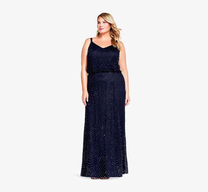Adrianna Papell Plus Size Art Deco Beaded Blouson Gown In Navy Black NavyBlack Women Formal Dresses Adrianna Papell Plus Size Art Deco Beaded Blouson Gown In Navy Black NavyBlack Women Formal Dresses