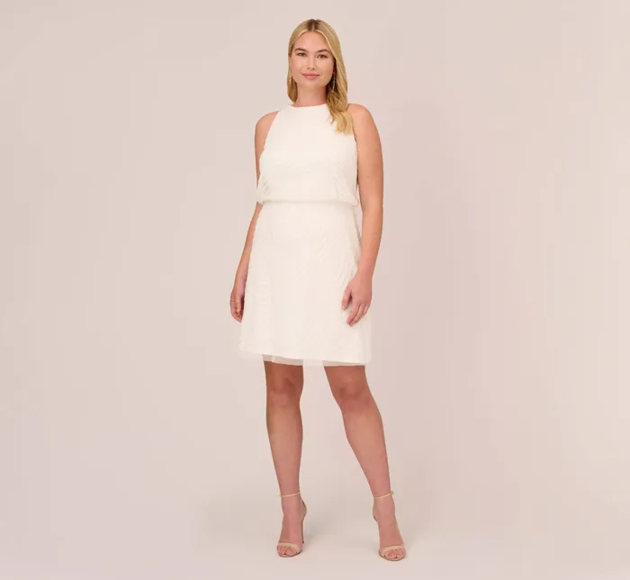 Adrianna Papell Plus Size Art Deco Cocktail Dress With Halter Neck In Ivory Ivory Women Short Wedding Dresses Adrianna Papell Plus Size Art Deco Cocktail Dress With Halter Neck In Ivory Ivory Women Short Wedding Dresses