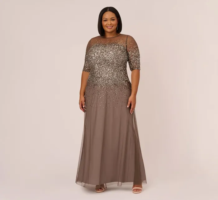 Adrianna Papell Plus Size Beaded Illusion Gown In Lead Lead Women Long Dresses Adrianna Papell Plus Size Beaded Illusion Gown In Lead Lead Women Long Dresses