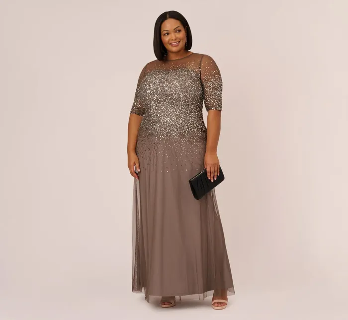 Adrianna Papell Plus Size Beaded Illusion Gown In Lead Lead Women Long Dresses Adrianna Papell Plus Size Beaded Illusion Gown In Lead Lead Women Long Dresses