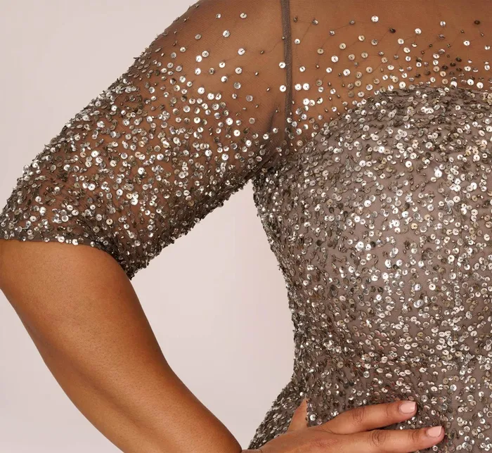 Adrianna Papell Plus Size Beaded Illusion Gown In Lead Lead Women Long Dresses Adrianna Papell Plus Size Beaded Illusion Gown In Lead Lead Women Long Dresses
