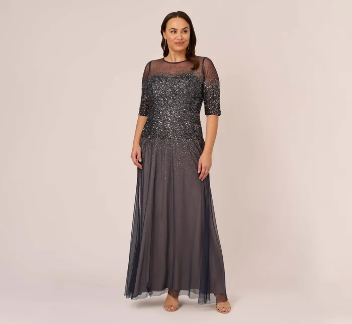 Adrianna Papell Plus Size Beaded Illusion Gown In Navy Navy Women Formal Dresses Adrianna Papell Plus Size Beaded Illusion Gown In Navy Navy Women Formal Dresses