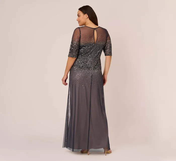 Adrianna Papell Plus Size Beaded Illusion Gown In Navy Navy Women Formal Dresses Adrianna Papell Plus Size Beaded Illusion Gown In Navy Navy Women Formal Dresses
