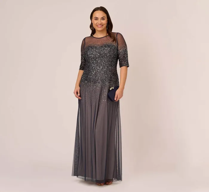 Adrianna Papell Plus Size Beaded Illusion Gown In Navy Navy Women Formal Dresses Adrianna Papell Plus Size Beaded Illusion Gown In Navy Navy Women Formal Dresses