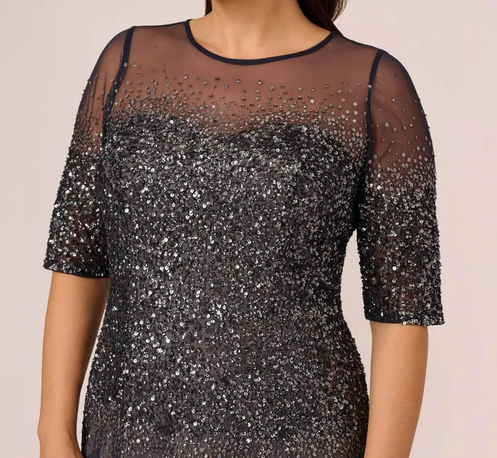 Adrianna Papell Plus Size Beaded Illusion Gown In Navy Navy Women Formal Dresses Adrianna Papell Plus Size Beaded Illusion Gown In Navy Navy Women Formal Dresses