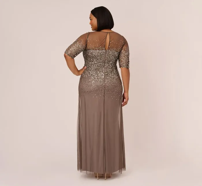 Adrianna Papell Plus Size Beaded Illusion Gown In Navy Navy Women Formal Dresses Adrianna Papell Plus Size Beaded Illusion Gown In Navy Navy Women Formal Dresses