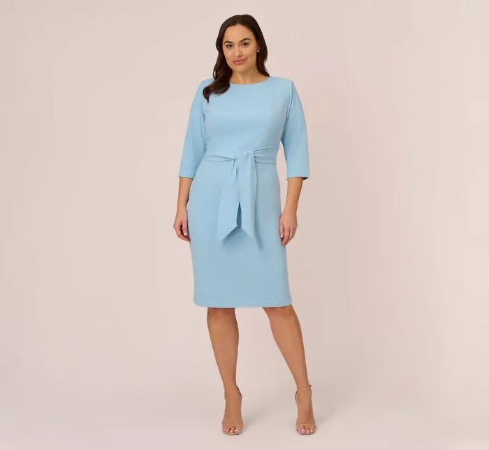 Adrianna Papell Plus Size Bow Sheath Dress With Three Quarter Sleeves In Blue Mist Blue Mist Women Day Dresses Adrianna Papell Plus Size Bow Sheath Dress With Three Quarter Sleeves In Blue Mist Blue Mist Women Day Dresses