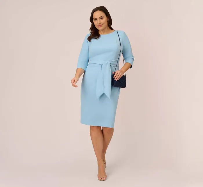 Adrianna Papell Plus Size Bow Sheath Dress With Three Quarter Sleeves In Blue Mist Blue Mist Women Day Dresses Adrianna Papell Plus Size Bow Sheath Dress With Three Quarter Sleeves In Blue Mist Blue Mist Women Day Dresses