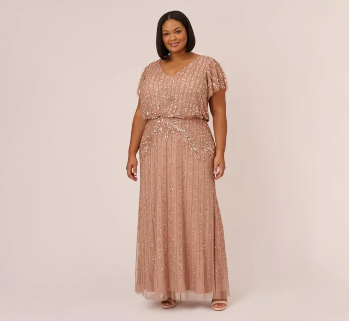 Adrianna Papell Plus Size Fleur Beaded Blouson Gown With Sheer Short Sleeves In Rose Gold Rose Gold Women Long Dresses Adrianna Papell Plus Size Fleur Beaded Blouson Gown With Sheer Short Sleeves In Rose Gold Rose Gold Women Long Dresses