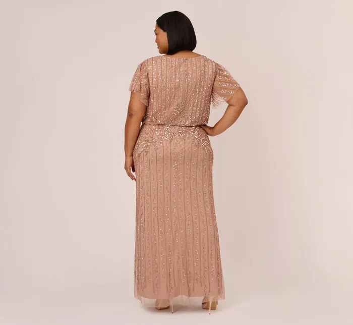 Adrianna Papell Plus Size Fleur Beaded Blouson Gown With Sheer Short Sleeves In Rose Gold Rose Gold Women Long Dresses Adrianna Papell Plus Size Fleur Beaded Blouson Gown With Sheer Short Sleeves In Rose Gold Rose Gold Women Long Dresses