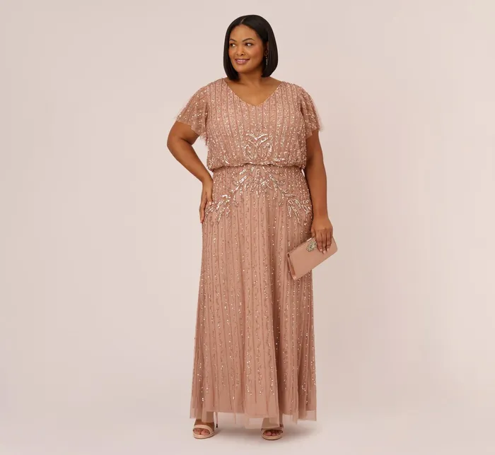 Adrianna Papell Plus Size Fleur Beaded Blouson Gown With Sheer Short Sleeves In Rose Gold Rose Gold Women Long Dresses Adrianna Papell Plus Size Fleur Beaded Blouson Gown With Sheer Short Sleeves In Rose Gold Rose Gold Women Long Dresses