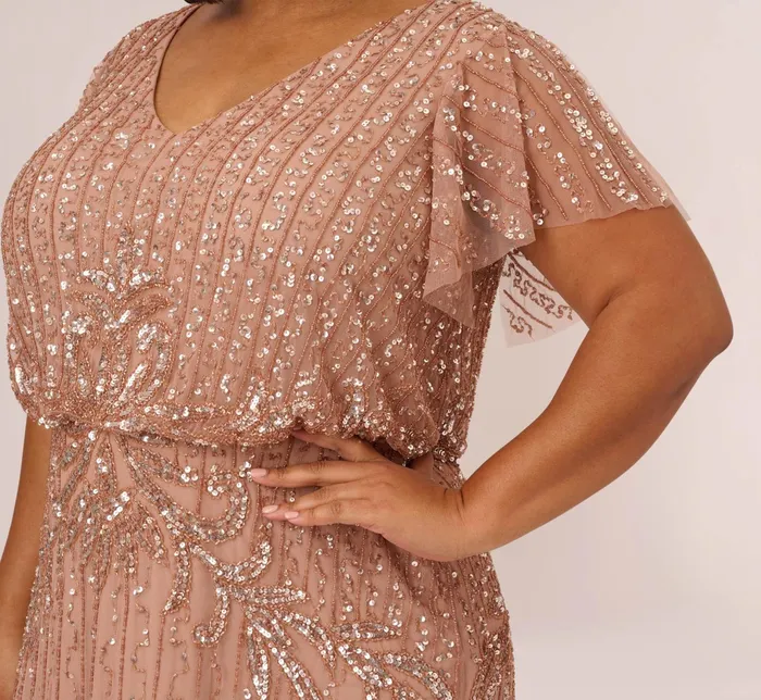 Adrianna Papell Plus Size Fleur Beaded Blouson Gown With Sheer Short Sleeves In Rose Gold Rose Gold Women Long Dresses Adrianna Papell Plus Size Fleur Beaded Blouson Gown With Sheer Short Sleeves In Rose Gold Rose Gold Women Long Dresses