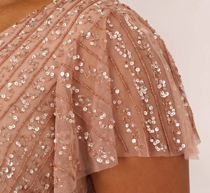 Adrianna Papell Plus Size Fleur Beaded Blouson Gown With Sheer Short Sleeves In Rose Gold Rose Gold Women Long Dresses Adrianna Papell Plus Size Fleur Beaded Blouson Gown With Sheer Short Sleeves In Rose Gold Rose Gold Women Long Dresses