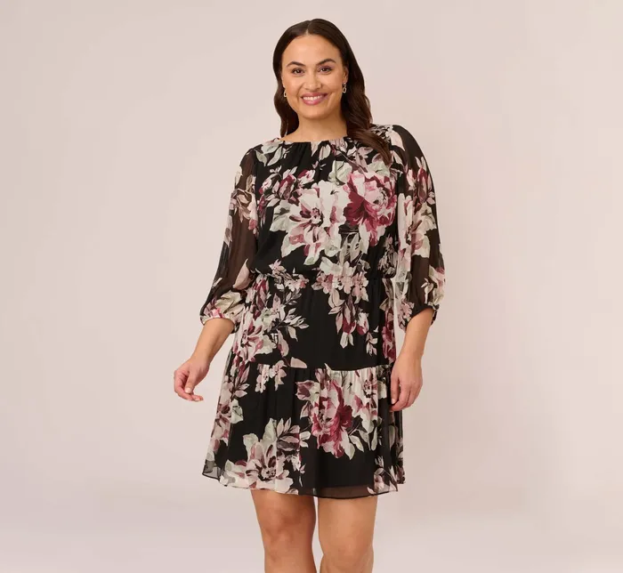 Adrianna Papell Plus Size Floral Chiffon Dress With Three Quarter Length Sleeves In Black Multi Black Multi Women Floral Dresses Adrianna Papell Plus Size Floral Chiffon Dress With Three Quarter Length Sleeves In Black Multi Black Multi Women Floral Dresses