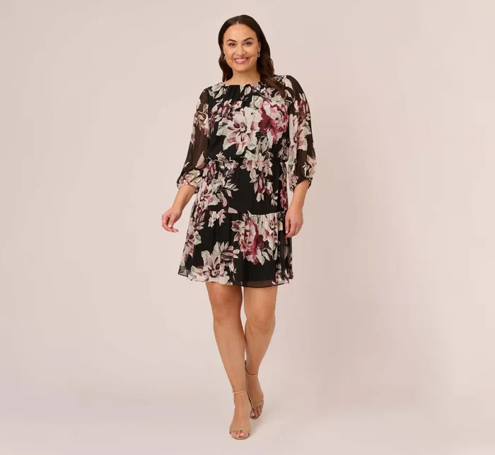 Adrianna Papell Plus Size Floral Chiffon Dress With Three Quarter Length Sleeves In Black Multi Black Multi Women Floral Dresses Adrianna Papell Plus Size Floral Chiffon Dress With Three Quarter Length Sleeves In Black Multi Black Multi Women Floral Dresses