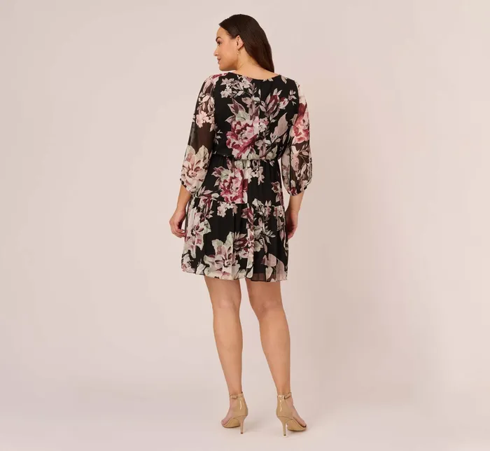 Adrianna Papell Plus Size Floral Chiffon Dress With Three Quarter Length Sleeves In Black Multi Black Multi Women Floral Dresses Adrianna Papell Plus Size Floral Chiffon Dress With Three Quarter Length Sleeves In Black Multi Black Multi Women Floral Dresses