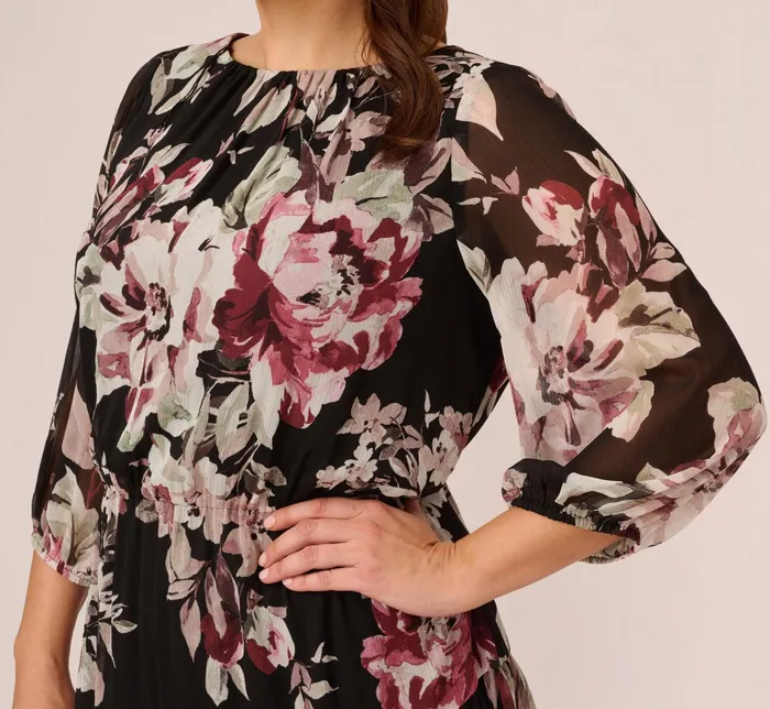 Adrianna Papell Plus Size Floral Chiffon Dress With Three Quarter Length Sleeves In Black Multi Black Multi Women Floral Dresses Adrianna Papell Plus Size Floral Chiffon Dress With Three Quarter Length Sleeves In Black Multi Black Multi Women Floral Dresses