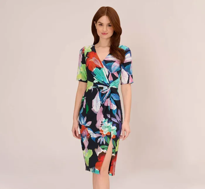 Adrianna Papell Plus Size Floral Knotted Sheath Dress With ElbowLength Sleeves In Dark Navy Multi Dark Navy Multi Women Floral Dresses Adrianna Papell Plus Size Floral Knotted Sheath Dress With ElbowLength Sleeves In Dark Navy Multi Dark Navy Multi Women Floral Dresses