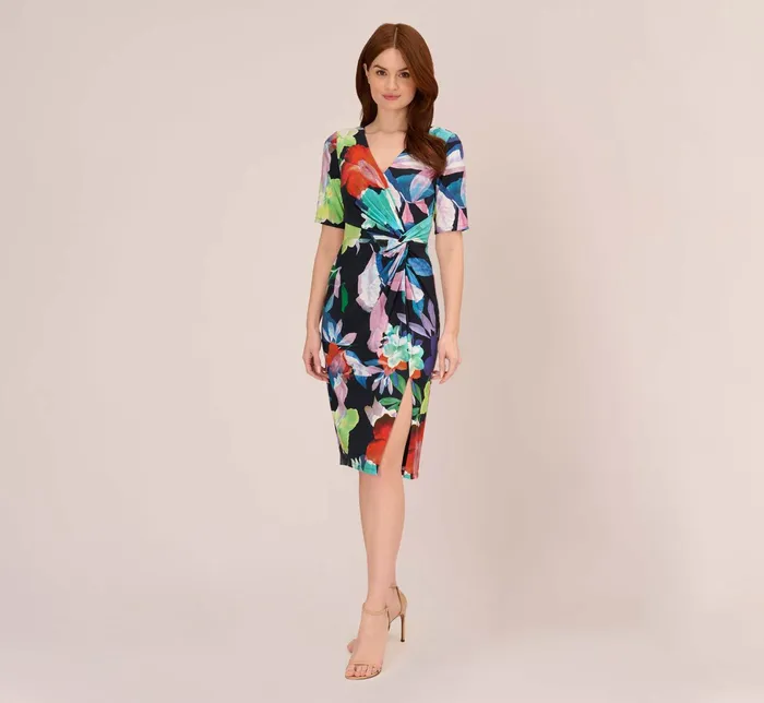 Adrianna Papell Plus Size Floral Knotted Sheath Dress With ElbowLength Sleeves In Dark Navy Multi Dark Navy Multi Women Floral Dresses Adrianna Papell Plus Size Floral Knotted Sheath Dress With ElbowLength Sleeves In Dark Navy Multi Dark Navy Multi Women Floral Dresses