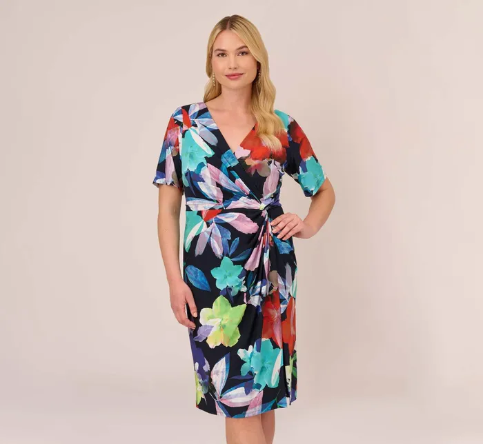 Adrianna Papell Plus Size Floral Knotted Sheath Dress With ElbowLength Sleeves In Dark Navy Multi Dark Navy Multi Women Floral Dresses Adrianna Papell Plus Size Floral Knotted Sheath Dress With ElbowLength Sleeves In Dark Navy Multi Dark Navy Multi Women Floral Dresses