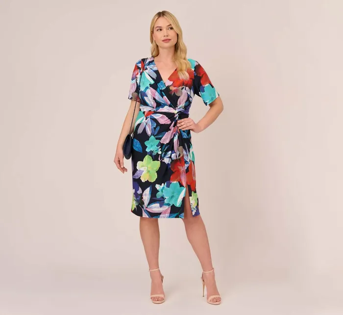 Adrianna Papell Plus Size Floral Knotted Sheath Dress With ElbowLength Sleeves In Dark Navy Multi Dark Navy Multi Women Floral Dresses Adrianna Papell Plus Size Floral Knotted Sheath Dress With ElbowLength Sleeves In Dark Navy Multi Dark Navy Multi Women Floral Dresses