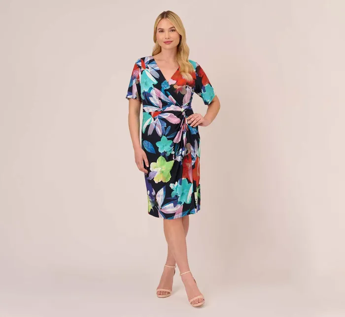 Adrianna Papell Plus Size Floral Knotted Sheath Dress With ElbowLength Sleeves In Dark Navy Multi Dark Navy Multi Women Floral Dresses Adrianna Papell Plus Size Floral Knotted Sheath Dress With ElbowLength Sleeves In Dark Navy Multi Dark Navy Multi Women Floral Dresses