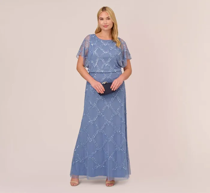 Adrianna Papell Plus Size HandBeaded Blouson Long Gown With Flutter Sleeves In French Blue French Blue Women Long Dresses Adrianna Papell Plus Size HandBeaded Blouson Long Gown With Flutter Sleeves In French Blue French Blue Women Long Dresses