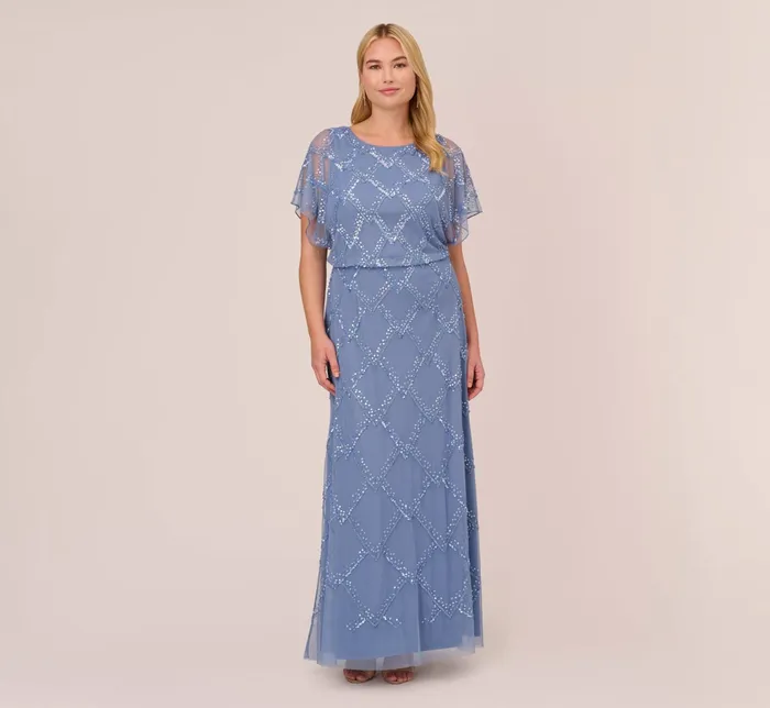 Adrianna Papell Plus Size HandBeaded Blouson Long Gown With Flutter Sleeves In French Blue French Blue Women Long Dresses Adrianna Papell Plus Size HandBeaded Blouson Long Gown With Flutter Sleeves In French Blue French Blue Women Long Dresses