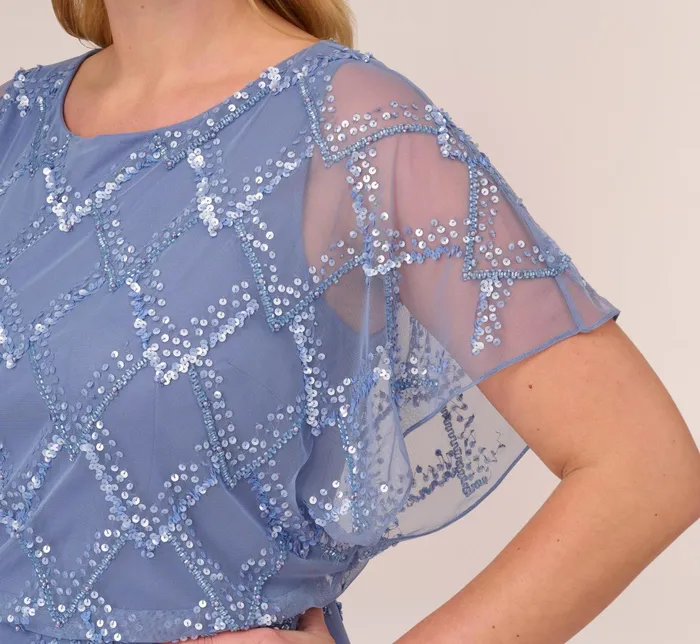 Adrianna Papell Plus Size HandBeaded Blouson Long Gown With Flutter Sleeves In French Blue French Blue Women Long Dresses Adrianna Papell Plus Size HandBeaded Blouson Long Gown With Flutter Sleeves In French Blue French Blue Women Long Dresses