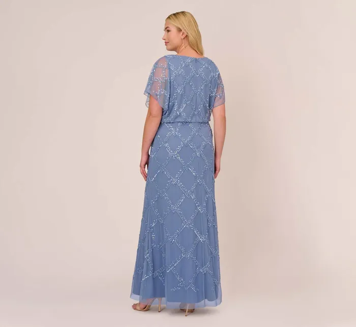 Adrianna Papell Plus Size HandBeaded Blouson Long Gown With Flutter Sleeves In French Blue French Blue Women Long Dresses Adrianna Papell Plus Size HandBeaded Blouson Long Gown With Flutter Sleeves In French Blue French Blue Women Long Dresses