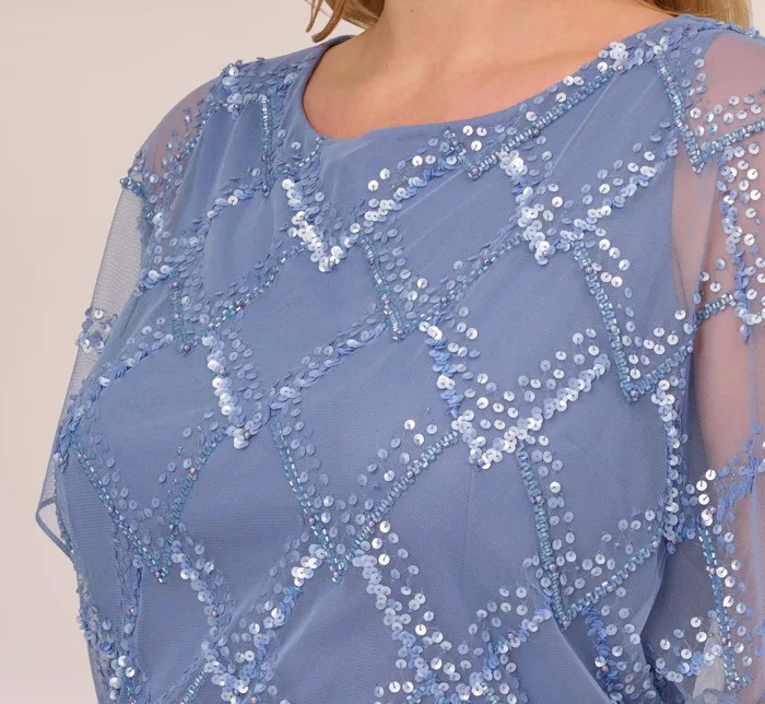 Adrianna Papell Plus Size HandBeaded Blouson Long Gown With Flutter Sleeves In French Blue French Blue Women Long Dresses Adrianna Papell Plus Size HandBeaded Blouson Long Gown With Flutter Sleeves In French Blue French Blue Women Long Dresses