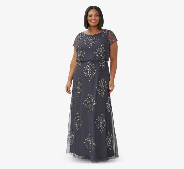 Adrianna Papell Plus Size HandBeaded Long Blouson Gown In Gunmetal Gunmetal Women Long Dresses Adrianna Papell Plus Size HandBeaded Long Blouson Gown In Gunmetal Gunmetal Women Long Dresses