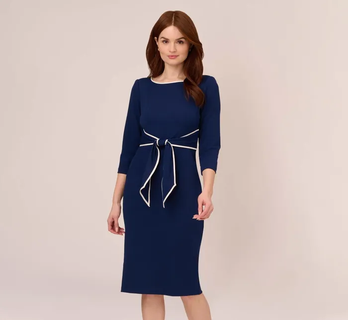 Adrianna Papell Plus Size Knit Crepe Tie Dress In Navy Sateen Ivory Navy SateenIvory Women Midi Dresses Adrianna Papell Plus Size Knit Crepe Tie Dress In Navy Sateen Ivory Navy SateenIvory Women Midi Dresses