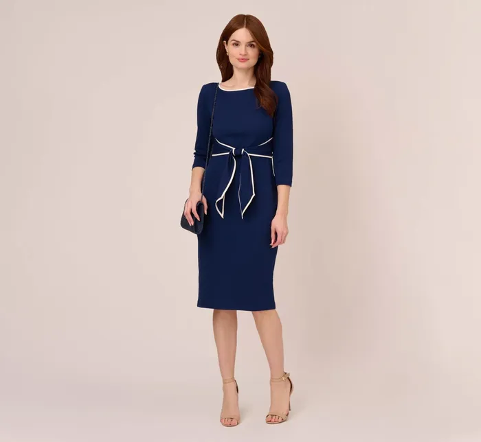 Adrianna Papell Plus Size Knit Crepe Tie Dress In Navy Sateen Ivory Navy SateenIvory Women Midi Dresses Adrianna Papell Plus Size Knit Crepe Tie Dress In Navy Sateen Ivory Navy SateenIvory Women Midi Dresses