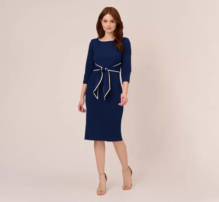 Adrianna Papell Plus Size Knit Crepe Tie Dress In Navy Sateen Ivory Navy SateenIvory Women Midi Dresses Adrianna Papell Plus Size Knit Crepe Tie Dress In Navy Sateen Ivory Navy SateenIvory Women Midi Dresses