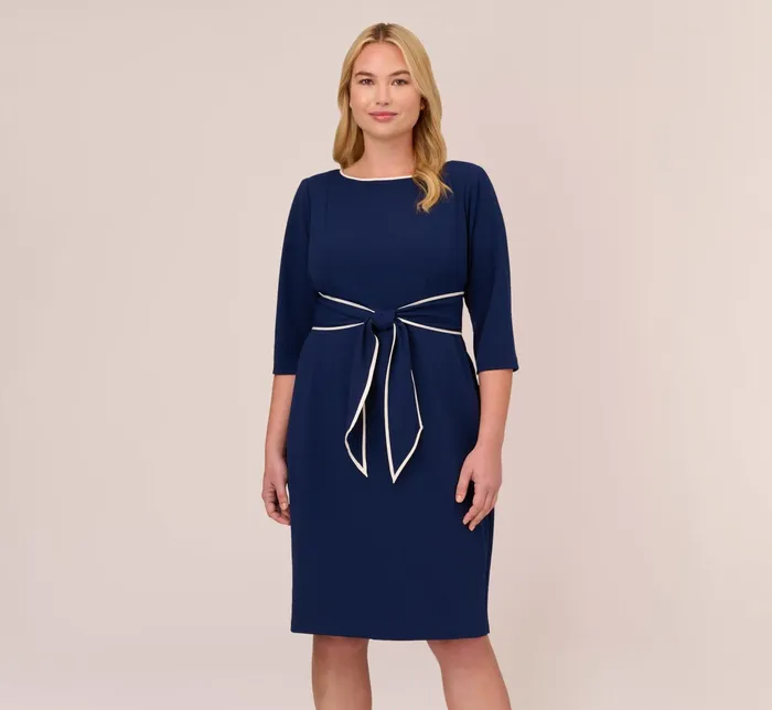 Adrianna Papell Plus Size Knit Crepe Tie Dress In Navy Sateen Ivory Navy SateenIvory Women Midi Dresses Adrianna Papell Plus Size Knit Crepe Tie Dress In Navy Sateen Ivory Navy SateenIvory Women Midi Dresses