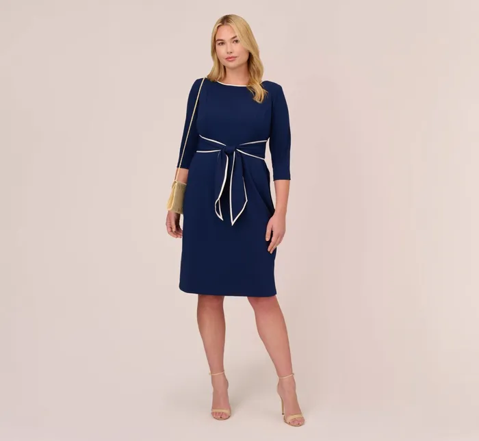 Adrianna Papell Plus Size Knit Crepe Tie Dress In Navy Sateen Ivory Navy SateenIvory Women Midi Dresses Adrianna Papell Plus Size Knit Crepe Tie Dress In Navy Sateen Ivory Navy SateenIvory Women Midi Dresses