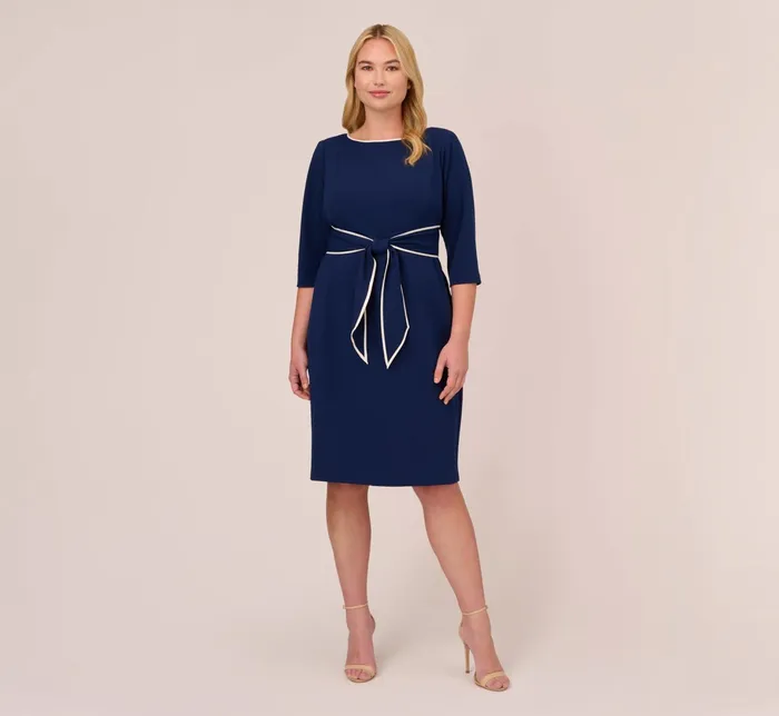 Adrianna Papell Plus Size Knit Crepe Tie Dress In Navy Sateen Ivory Navy SateenIvory Women Midi Dresses Adrianna Papell Plus Size Knit Crepe Tie Dress In Navy Sateen Ivory Navy SateenIvory Women Midi Dresses
