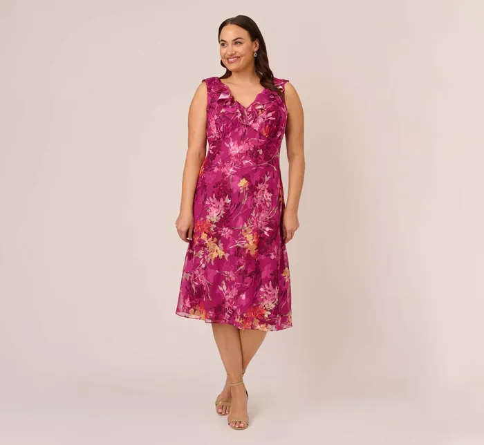 Adrianna Papell Plus Size Metallic Floral Chiffon Midi Dress With Ruffled Neckline In Raspberry Multi Raspberry Multi Women Floral Dresses Adrianna Papell Plus Size Metallic Floral Chiffon Midi Dress With Ruffled Neckline In Raspberry Multi Raspberry Multi Women Floral Dresses